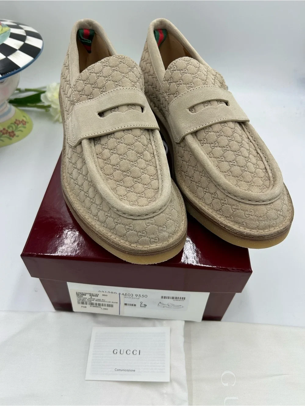 Men's Gucci suede GG monogram web loafers size 9 fits 9.5 US made in Italy